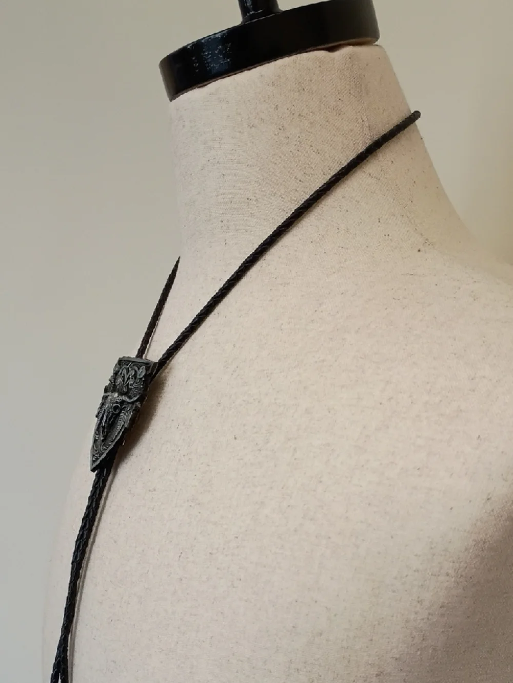 Western Bolo Tie Necklace Ornate Silver Shield Black Cord Vintage Style